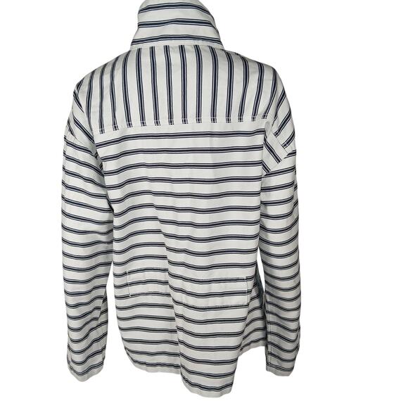 Liz Claiborne Size M Mockneck Zip Up Horizontal Striped Navy Blue White Pockets - Picture 3 of 9